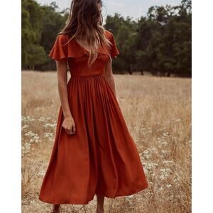 Christy Dawn Monarch Midi Dress | Clay Orange | Flutter Sleeve | Size L
